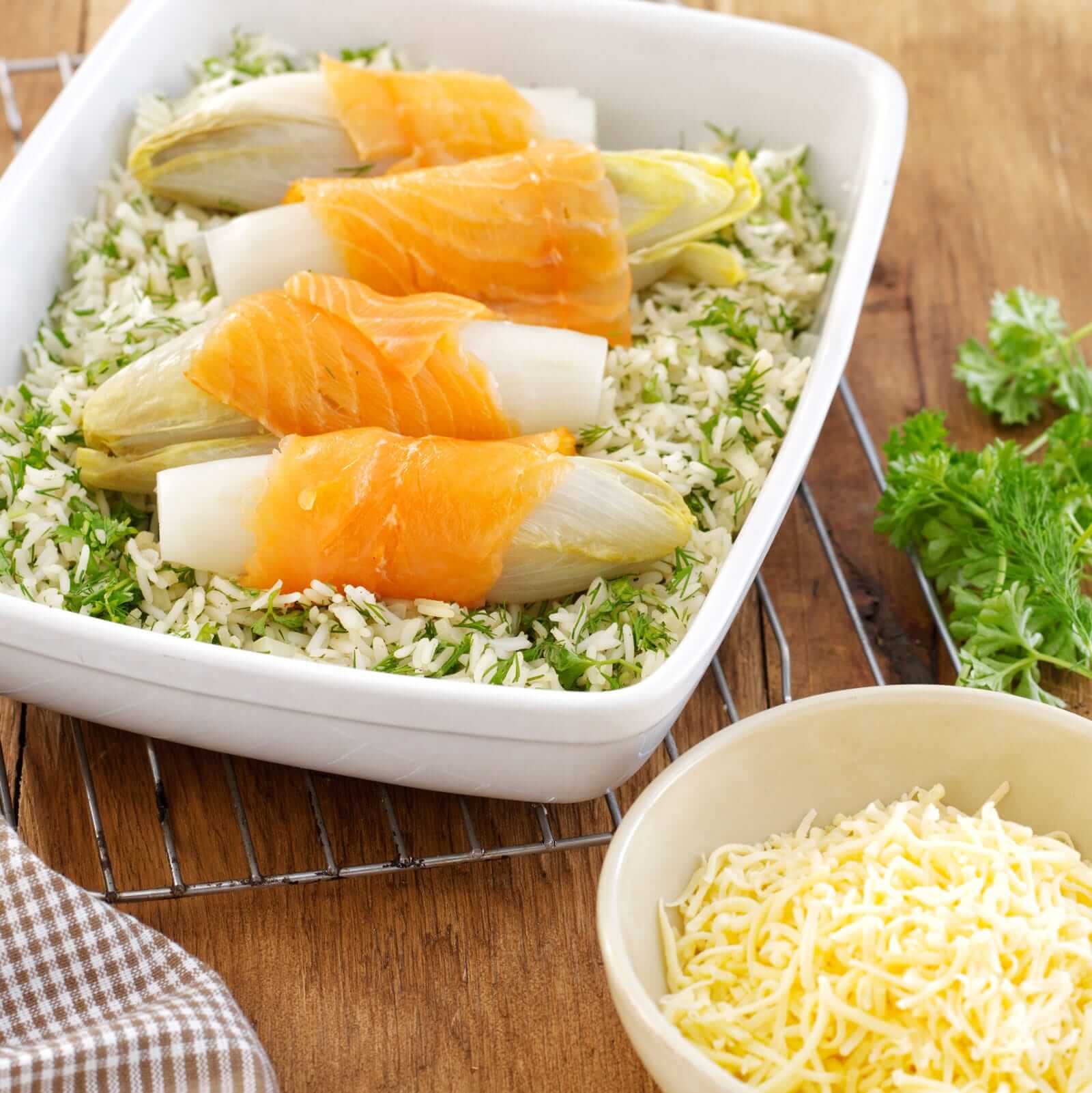 Bosto, witloofschoteltje, gerookte zalm, kruidenrijst, recpt, bosto recept