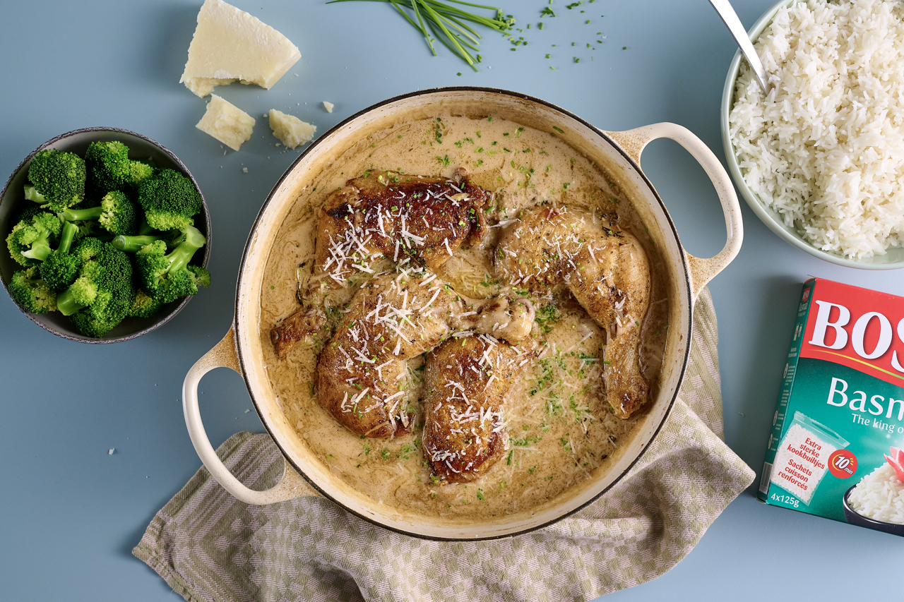 Bosto Recept - Kip cacio e pepe in bagna cauda met basmatirijst